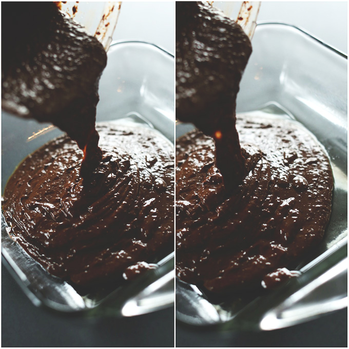 Pouring Vegan Gluten-Free brownie batter into a glass baking pan