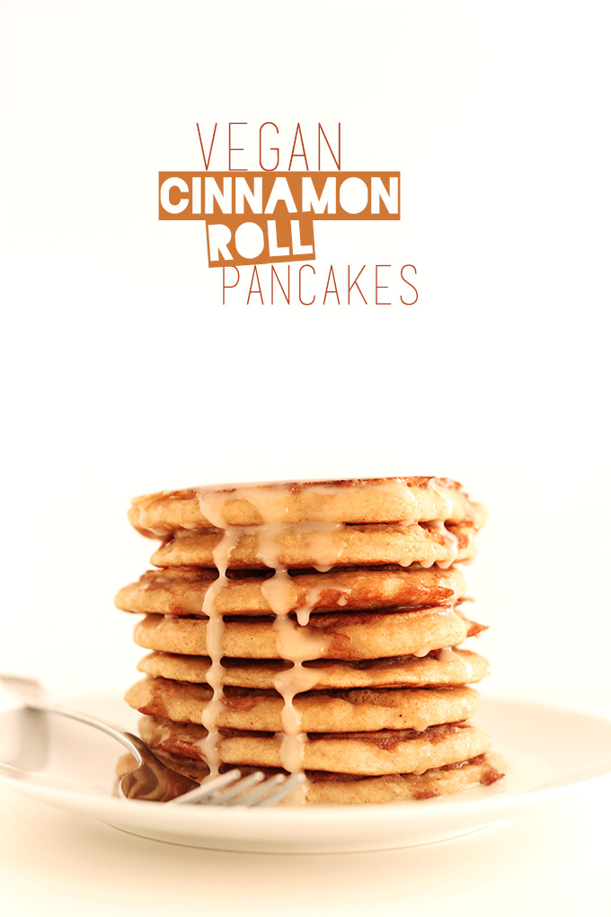Tall stack of Vegan Cinnamon Roll Pancakes
