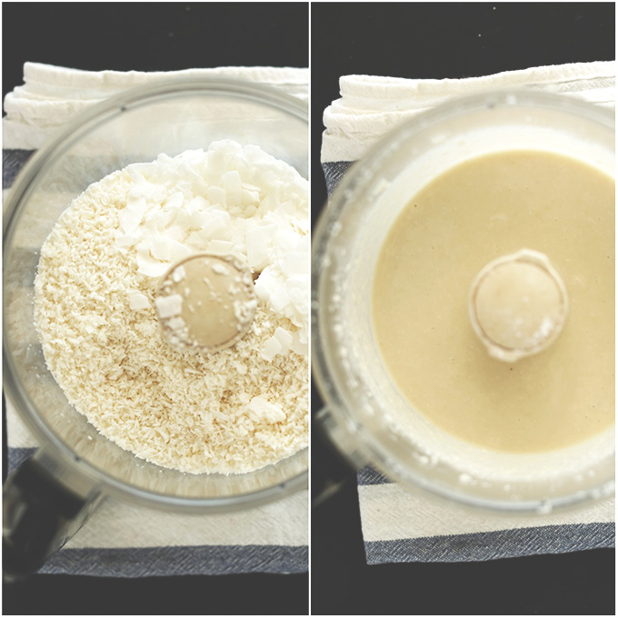 Food processor filled with homemade Whipped Coconut Macadamia Frosting