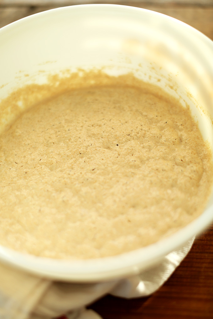 Bowl of batter for making Yeasted Cinnamon Roll Pancakes