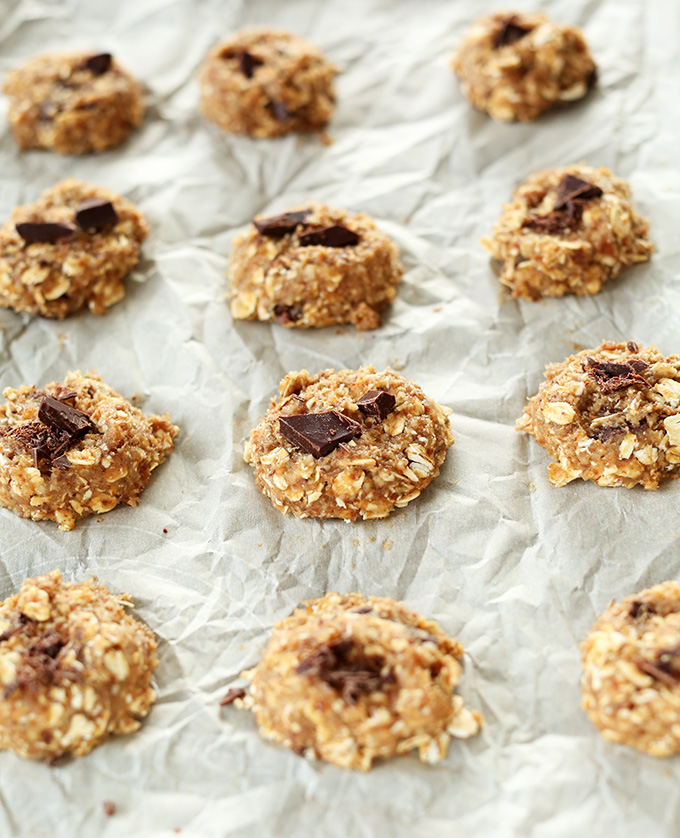 Baking sheet with Vegan Oatmeal Cookies ready to go in the oven