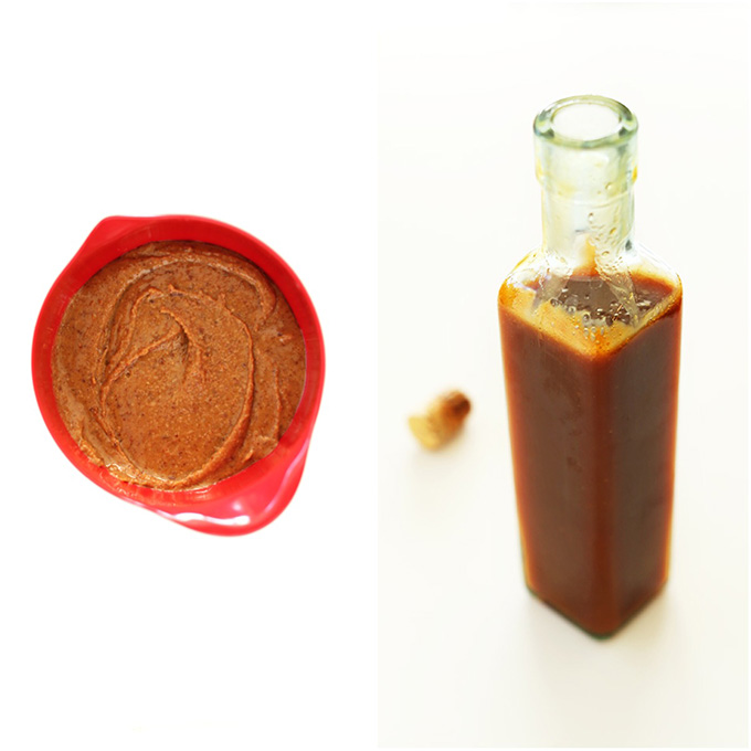 Bowl of almond butter and jar of Bourbon Caramel