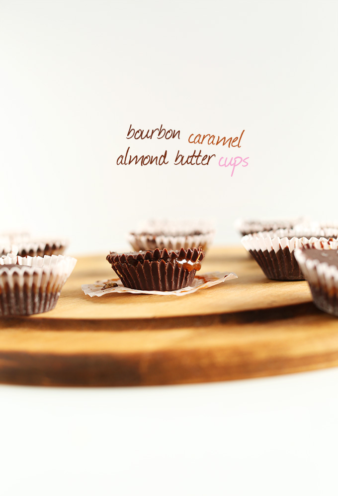 Vegan Bourbon Caramel Almond Butter Cups on a cutting board