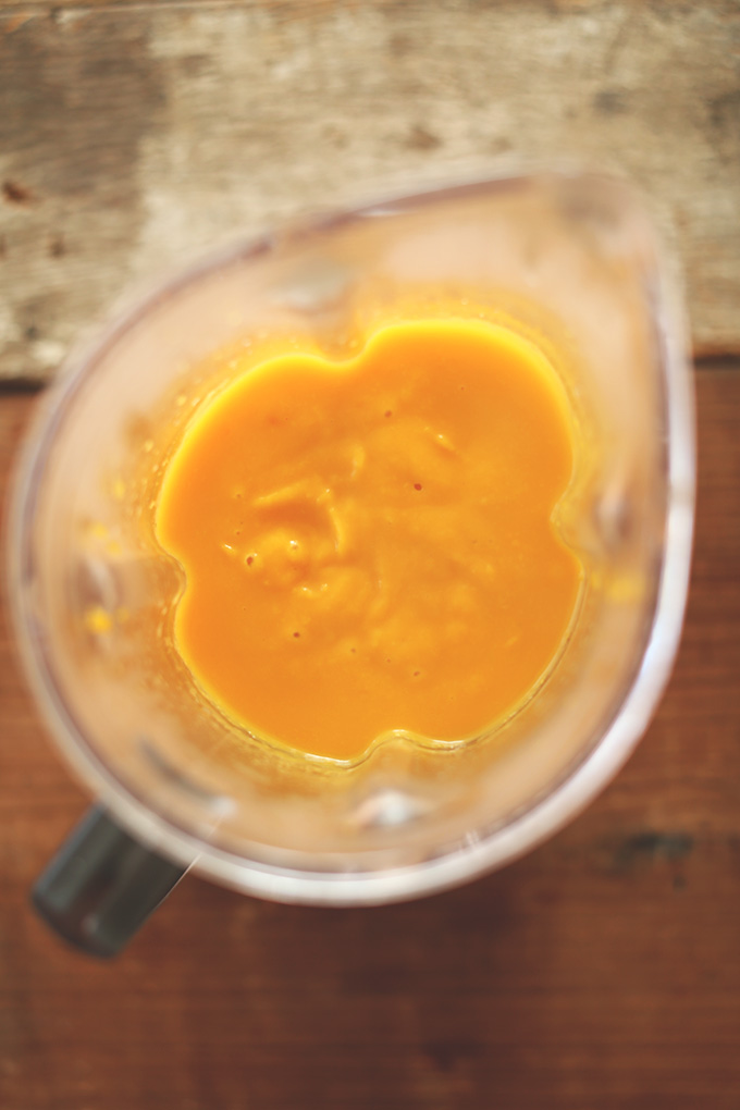 Blender containing butternut squash puree