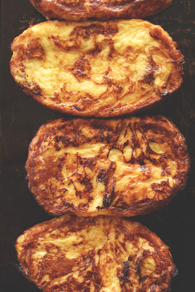 Baking sheet with freshly cooked slices of Coconut Cream Pie French Toast