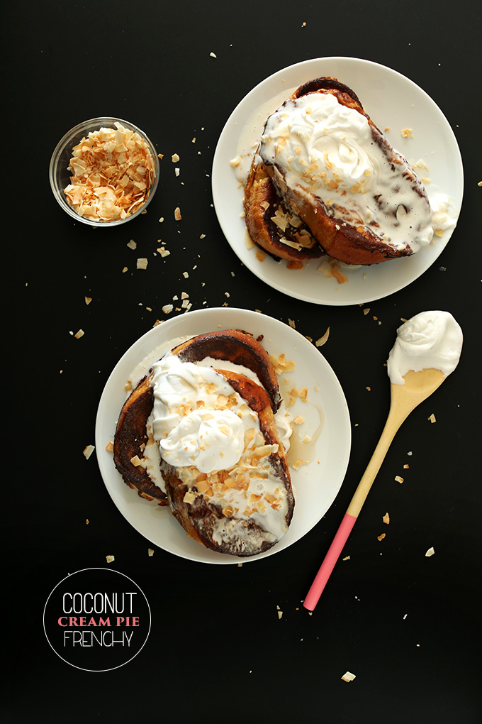 Plates loaded with slices of our decadent Coconut French Toast recipe