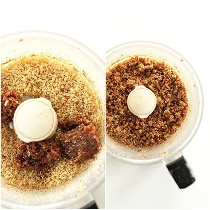 Food processor filled with Date Walnut Crust for Vegan Cheesecakes