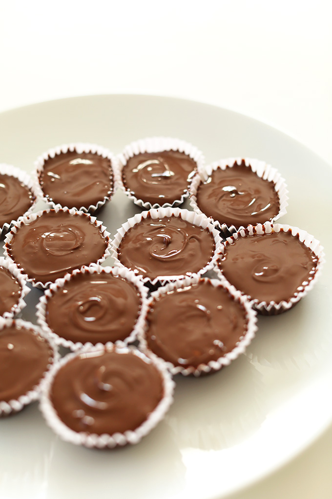 Plate of Easy homemade Bourbon Caramel Almond Butter Cups