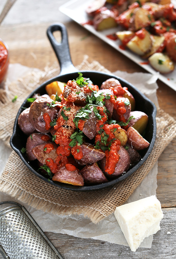 Skillet of homemade Easy Patatas Bravas