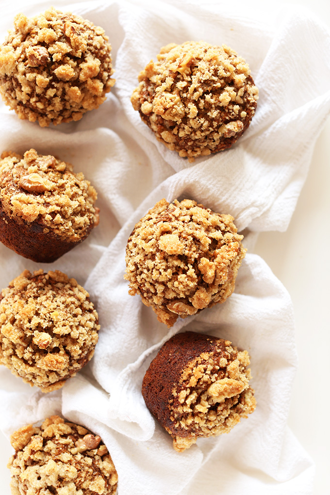 Healthy Vegan Banana Crumble Muffins on a towel