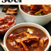 Bowls of our simple Loaded Veggie Nacho Soup that takes only about 30 minutes to make