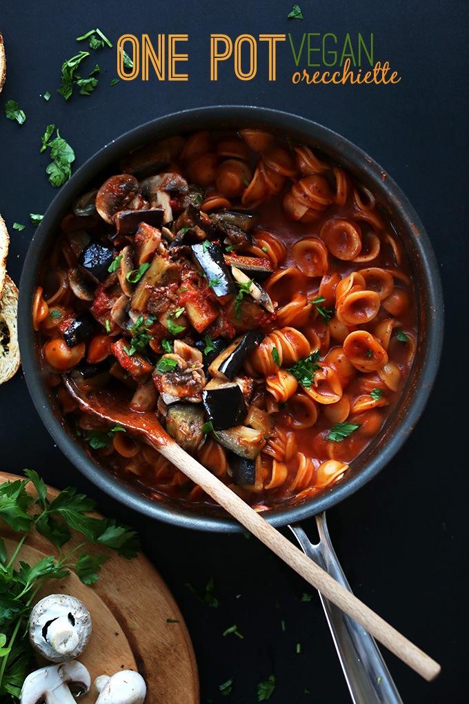 Skillet filled with a batch of our 1-Pot Vegan Orecchiette Pasta recipe