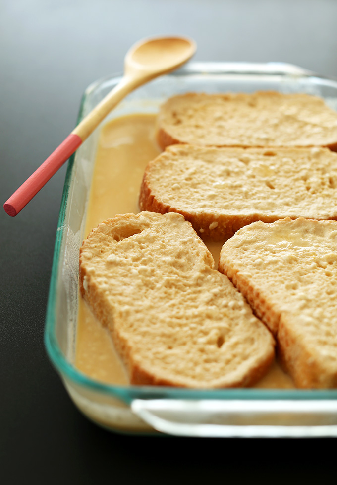 Overnight Coconut Cream French Toast Slices of bread resting in batter for Overnight French Toast