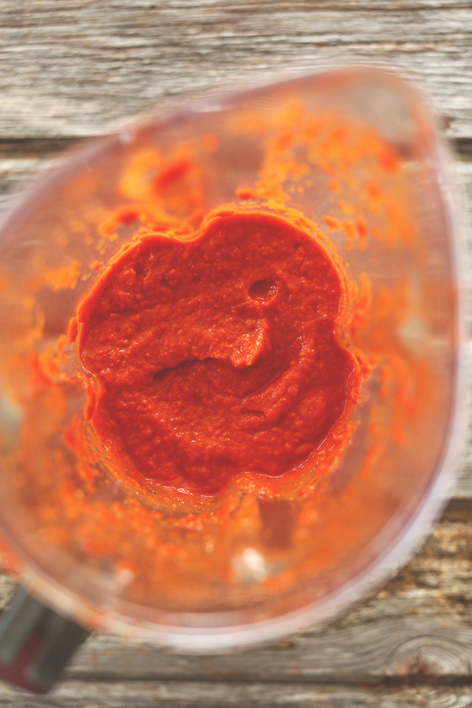 Blender filled with homemade Patatas Bravas Tomato Sauce