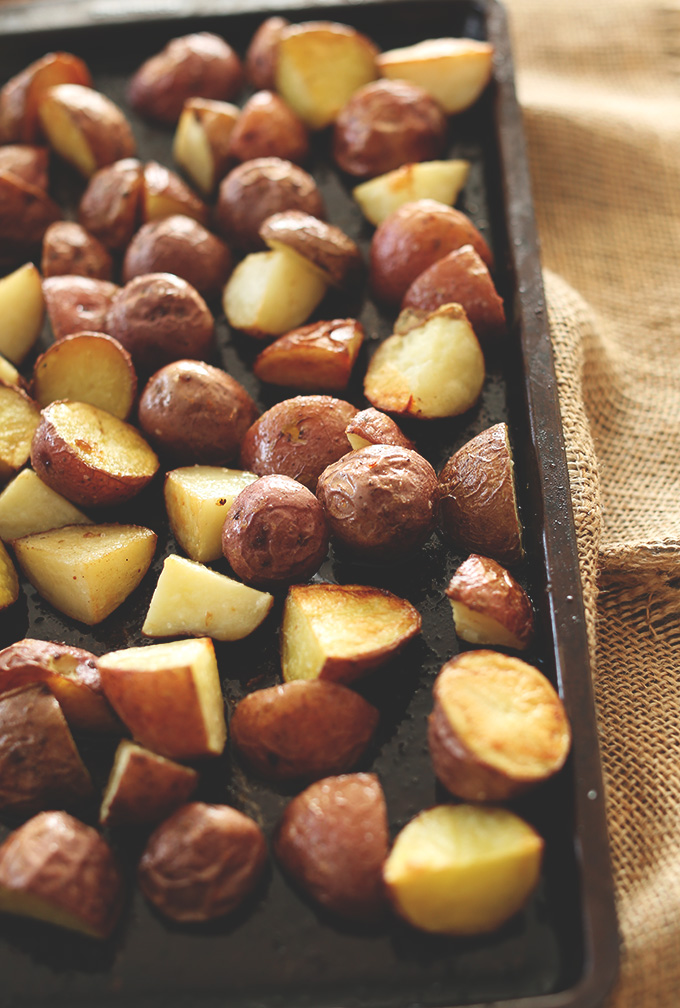 Freshly roasted potatoes for making our Patatas Bravas recipe