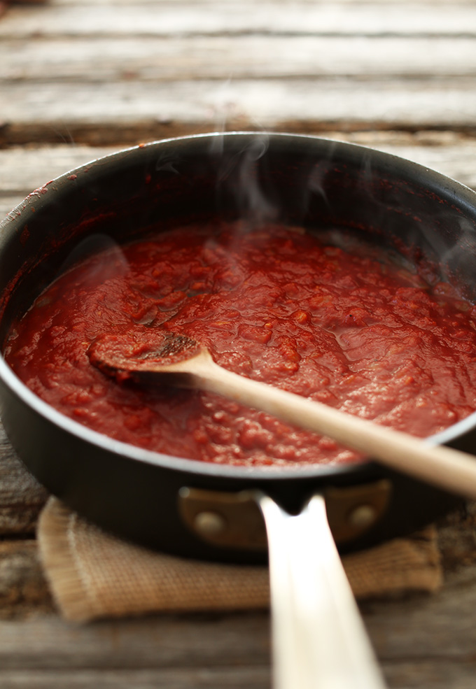 Making Spicy Patatas Bravas sauce in a skillet