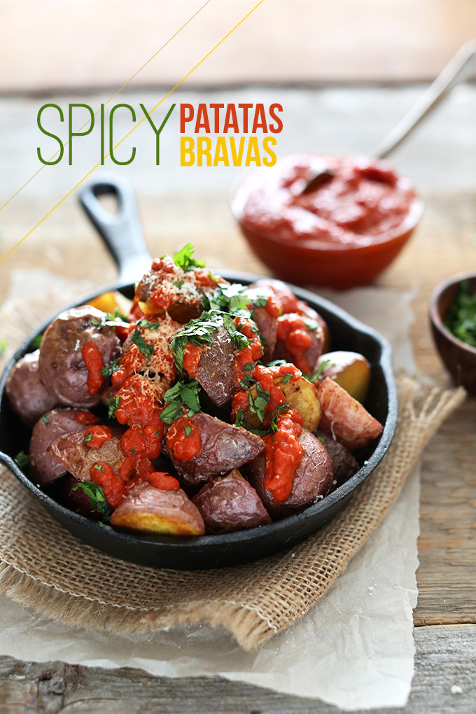 Skillet of Spicy Patatas Bravas for a gluten-free vegan breakfast