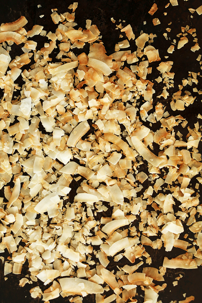 Toasted Coconut Flakes on a baking sheet
