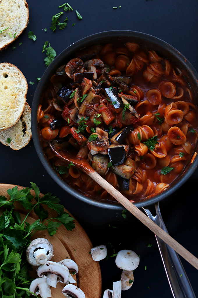 Skillet filled with our 1-Pot Pasta recipe for a simple vegan meal