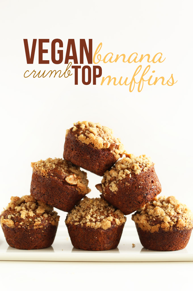Stacked pyramid of homemade Vegan Banana Crumb Top Muffins
