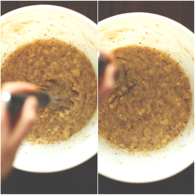 Whisking the batter for Vegan Banana Nut Muffins