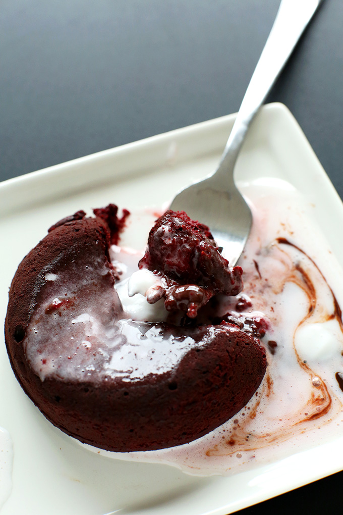 Plate with a partially eaten Vegan Chocolate Lava Cake for a special dessert