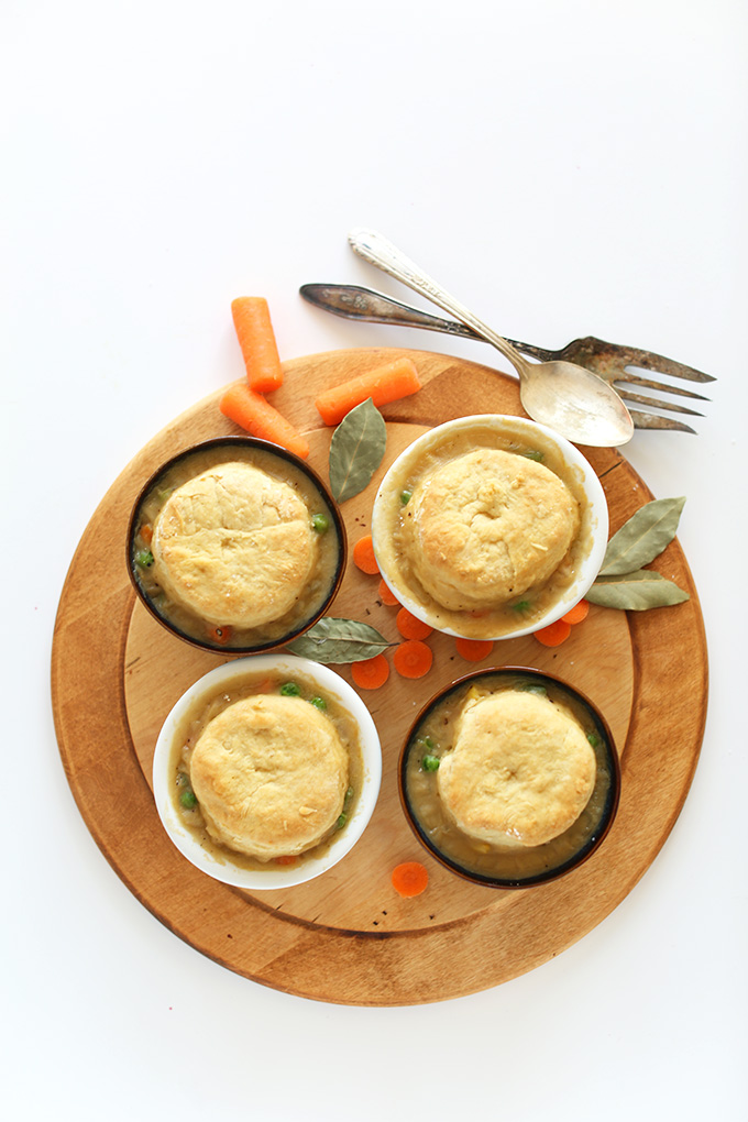 Cutting board of ramekin-filled Vegan Pot Pies