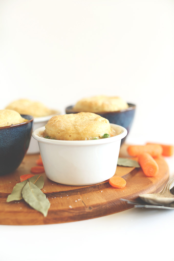 Cutting board with bowls of homemade 1-Hour Vegan Pot Pies
