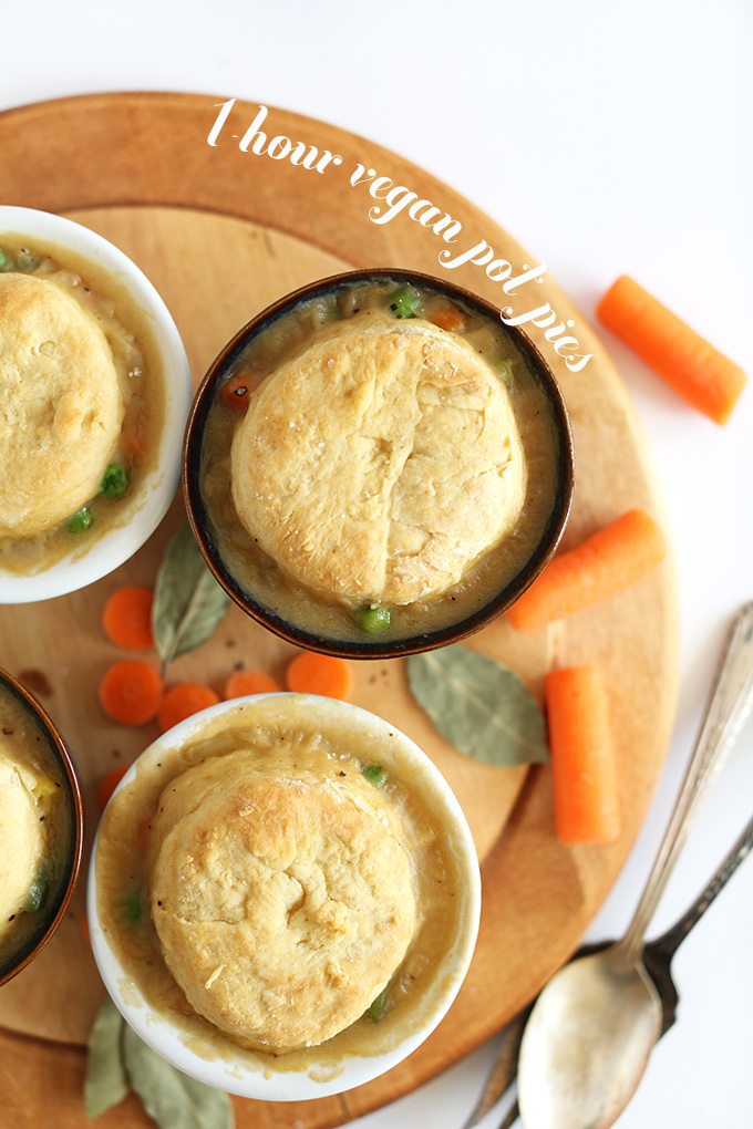 Cutting board with ramekins of our Vegan Pot Pie recipe