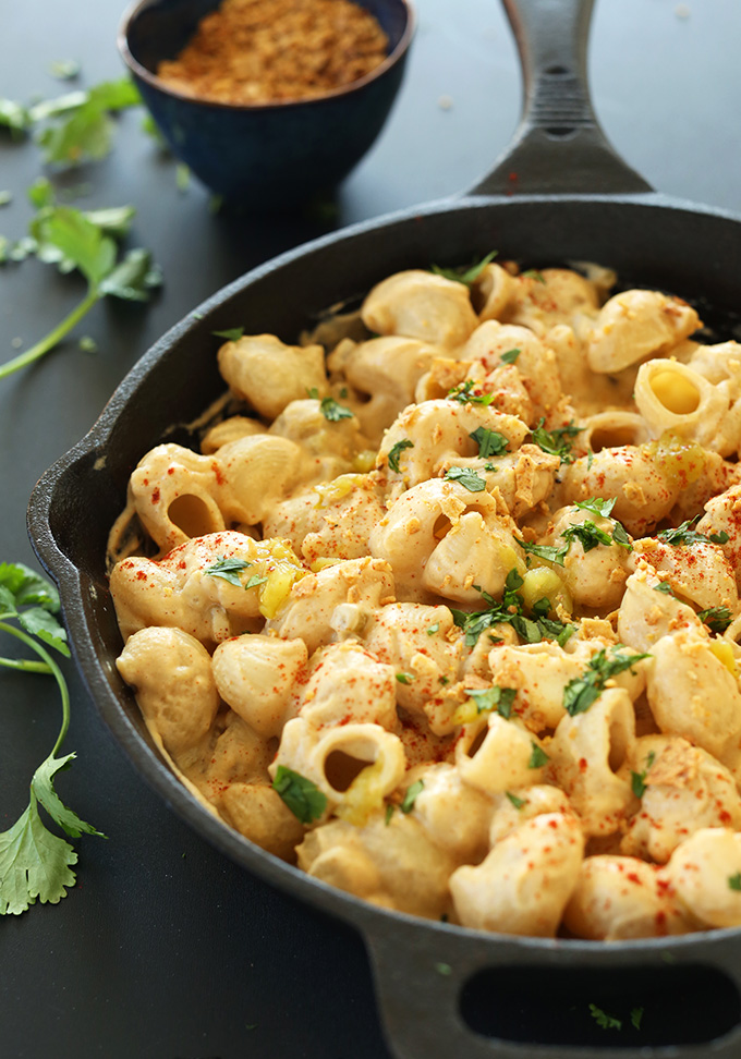 Skillet Vegan Mac n Cheese made with Green Chilis and Toasted Tortilla Chips
