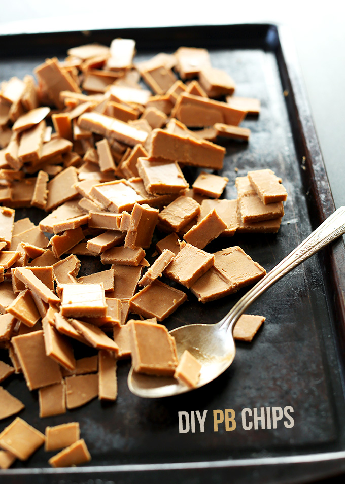 Baking sheet filled with a batch of our DIY Peanut Butter Chips recipe