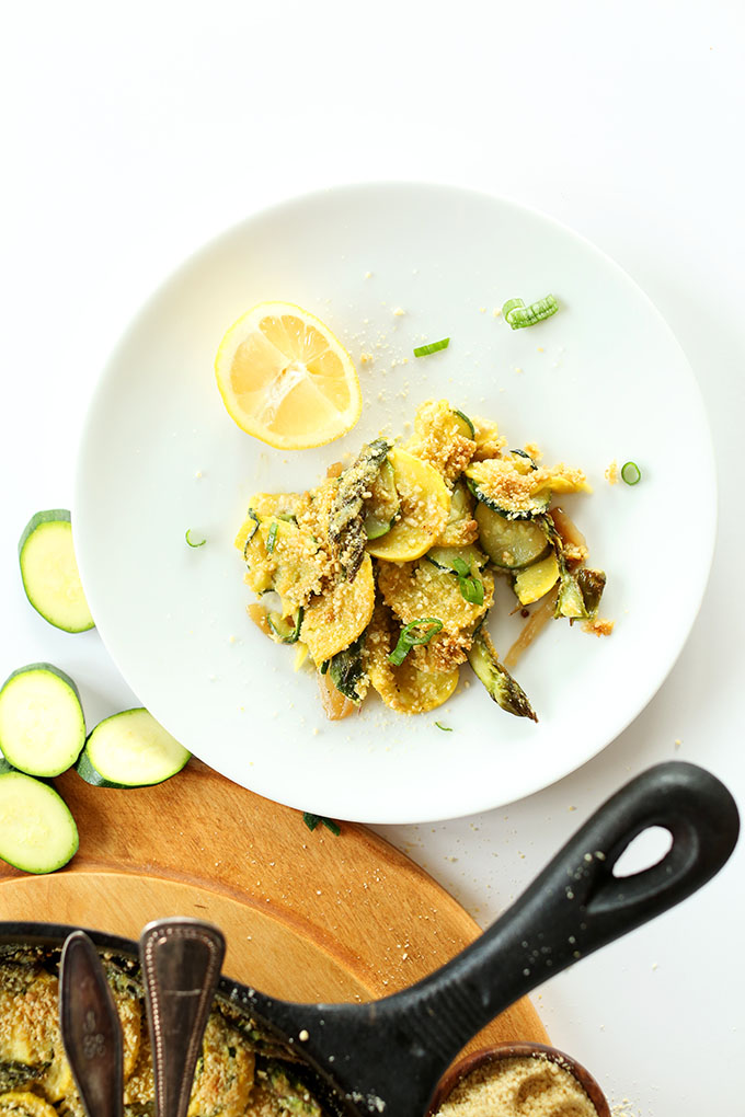 Plate of Asparagus Zucchini Gratin for a delicious vegan spring meal