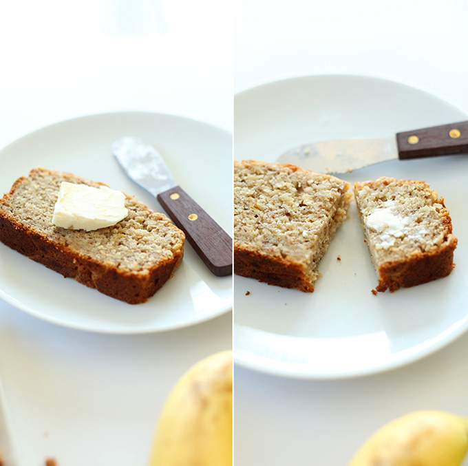 Slice of Gluten Free Banana Bread with a slab of vegan butter
