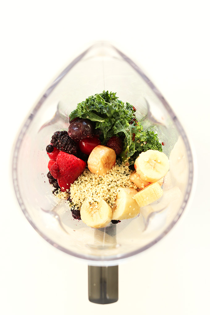 Blender containing the ingredients for our Hide Your Kale Smoothie recipe
