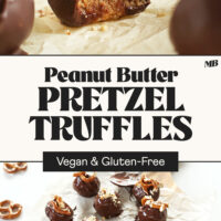 Photos of whole peanut butter pretzel truffles and one partially eaten to reveal the inside with text between the photos that says vegan and gluten-free