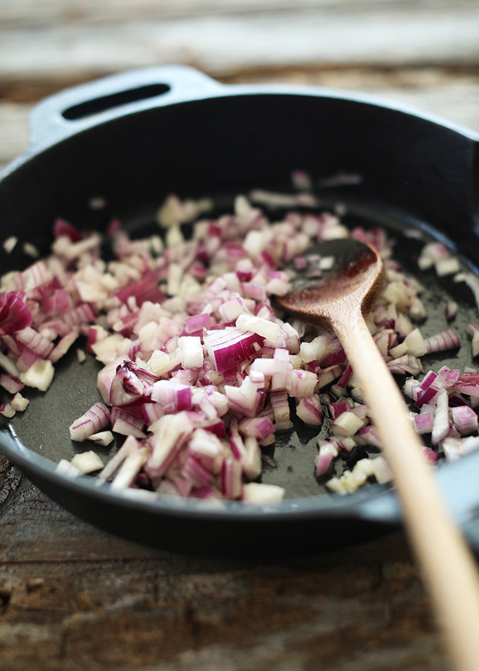 SautΓ©ing onions for our vegan black bean dip recipe