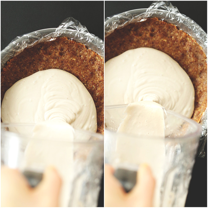 Pouring Vegan Banana Cream Pie filling into a pie crust