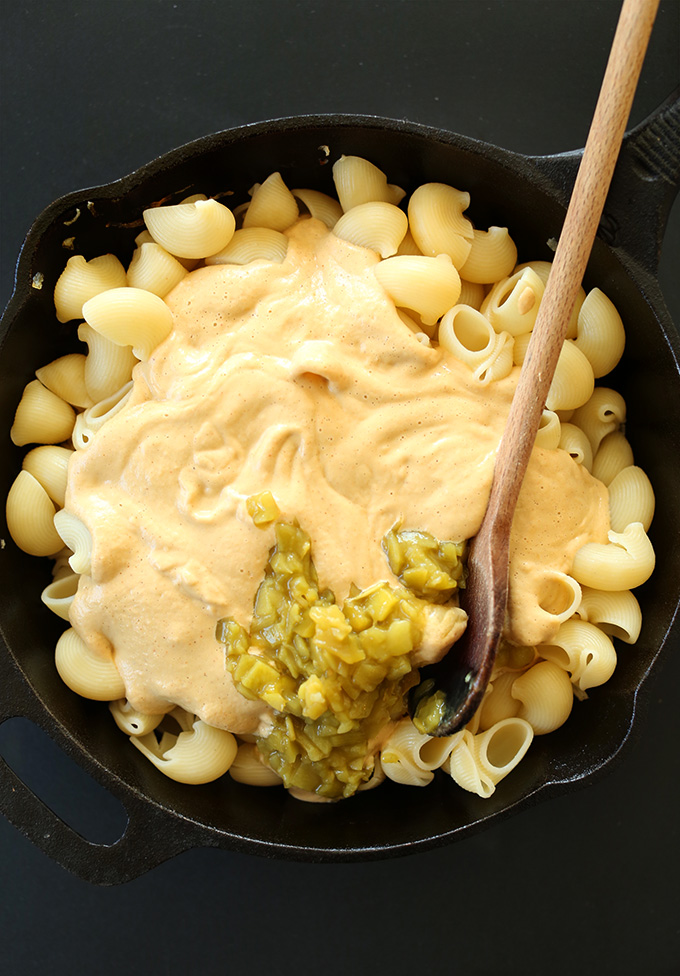 Skillet of Vegan Green Chili Mac n Cheese ready to be mixed