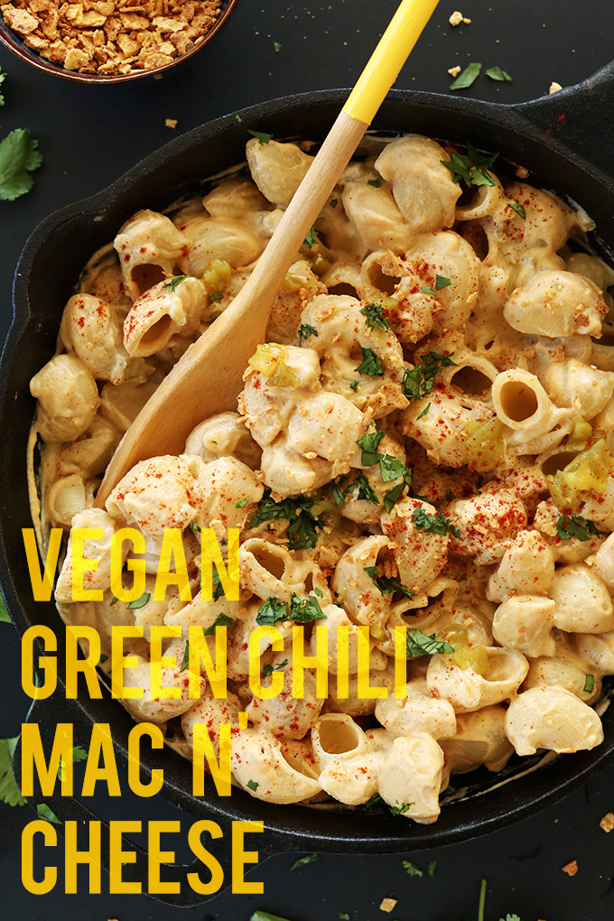 Skillet filled with Green Chili Mac n Cheese for a simple vegan dinner
