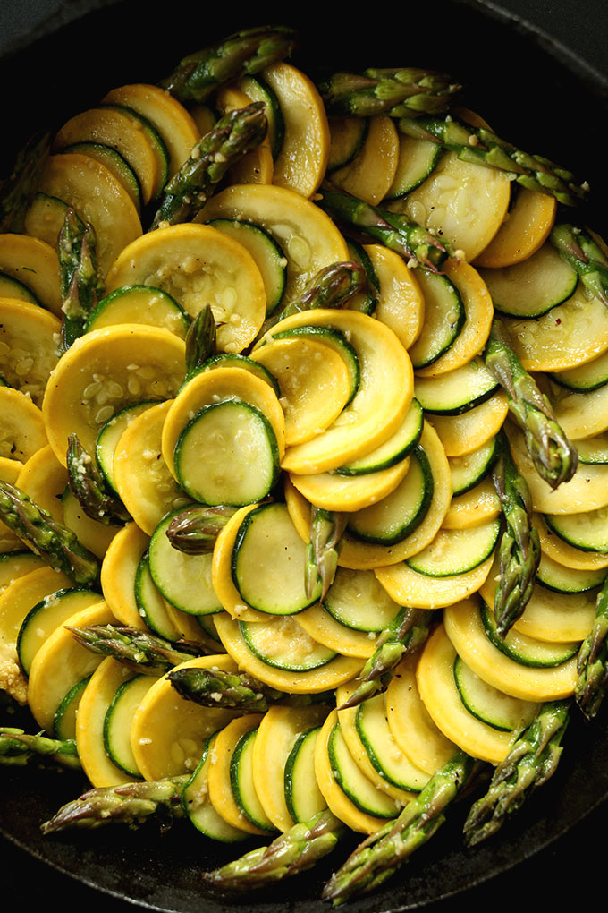Cast-iron skillet filled with Vegan Zucchini Gratin