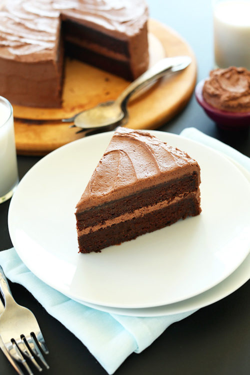 Slice of Vegan Chocolate Cake with Chocolate Frosting