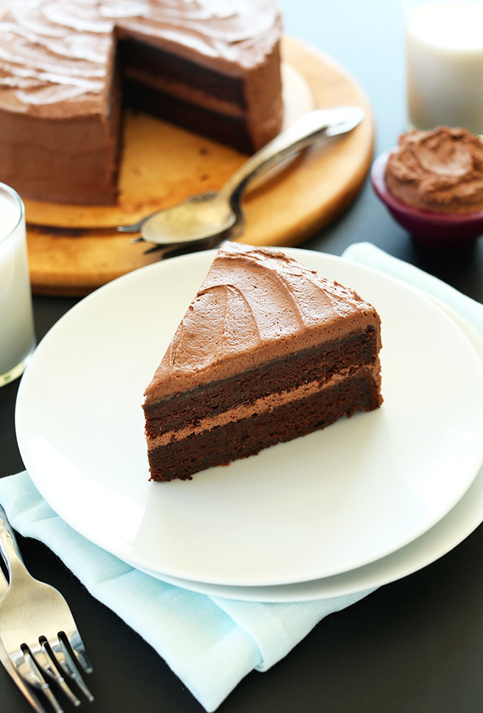 Slice of moist and fluffy Vegan Chocolate Cake on a plate