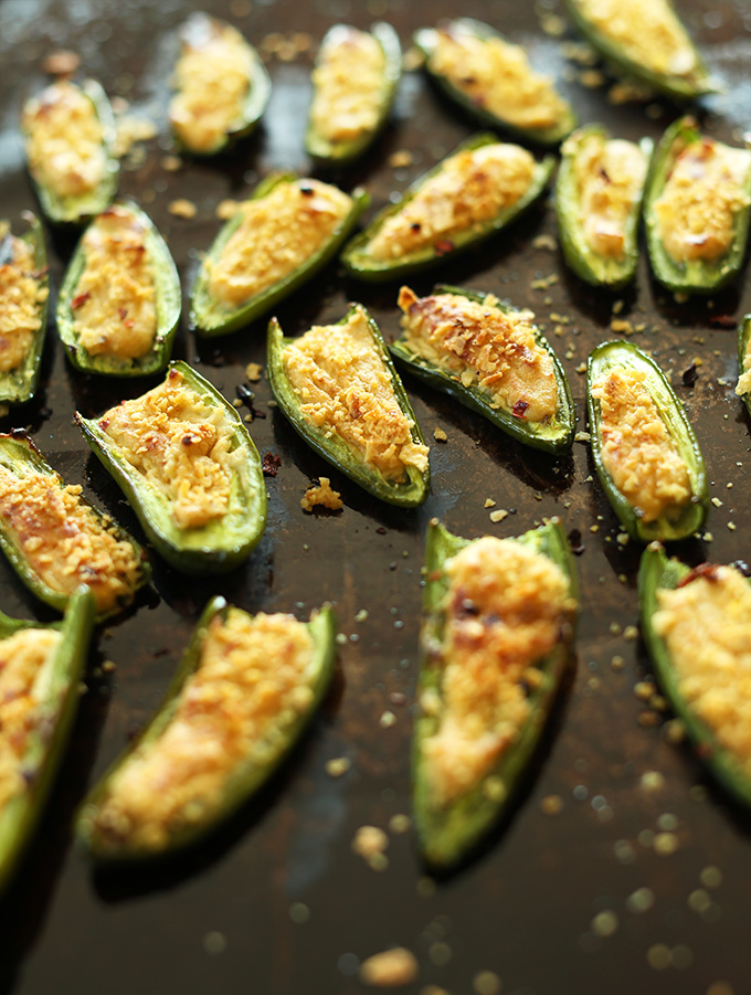 Baking sheet of freshly baked Vegan GF Jalapeno Poppers
