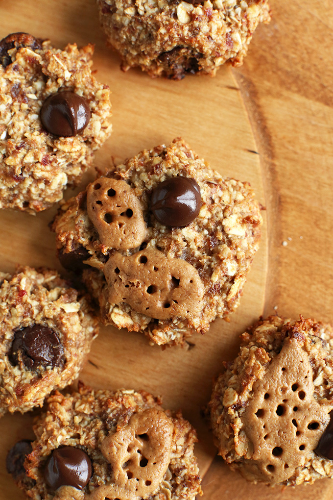 Top down shot of Double Peanut Butter Chocolate Chip Cookies for a gluten-free vegan dessert