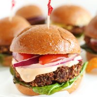 Close up shot of a Wholesome 7-Ingredient Veggie Slider with a toothpick in it