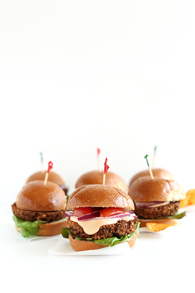 Gluten-free vegan Veggie Sliders with toothpicks in them