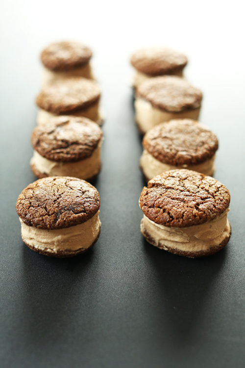 Two lines of Chai-Ginger Ice Cream Cookie Sandwiches for a delicious gluten-free vegan dessert
