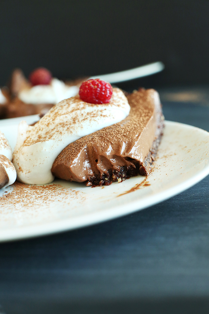 Slice of Creamy Dream Vegan Chocolate Pie with a bite removed