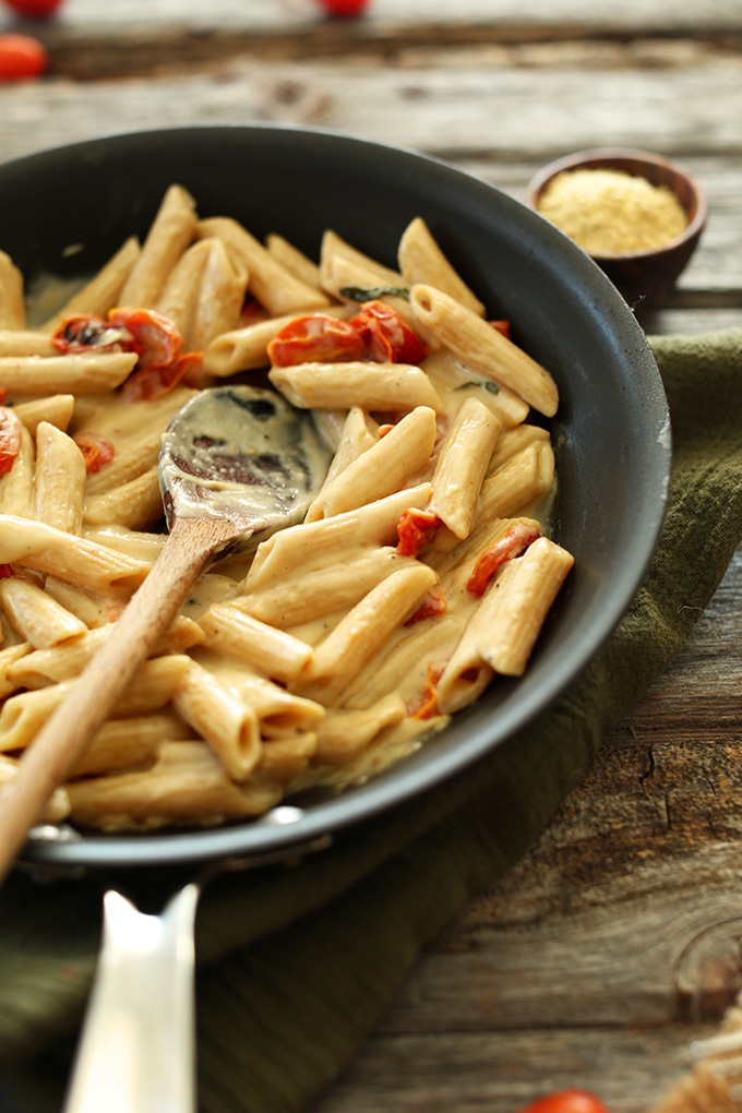 Pan of Creamy Vegan Garlic Pasta with Roasted Tomatoes