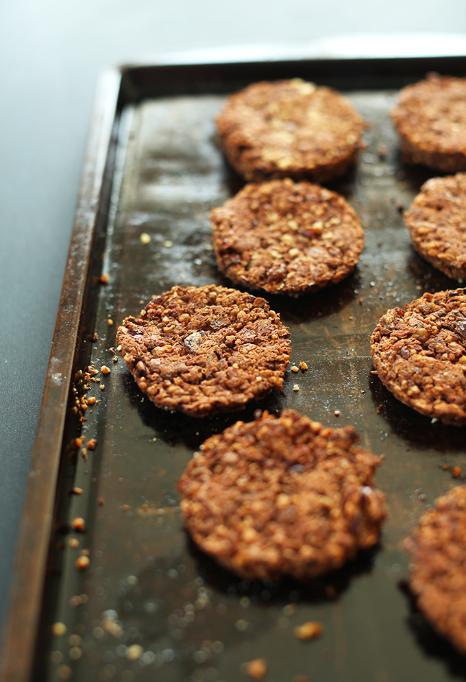 Freshly baked gluten-free Veggie Burgers on a baking sheet